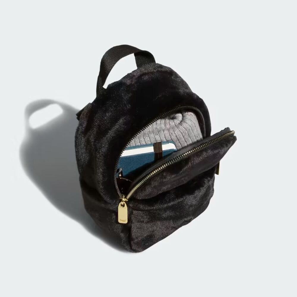 ADIDAS Black Faux Fur Adjustable Mini-Backpack Gold Trefoil Hardware - Picture 5 of 16